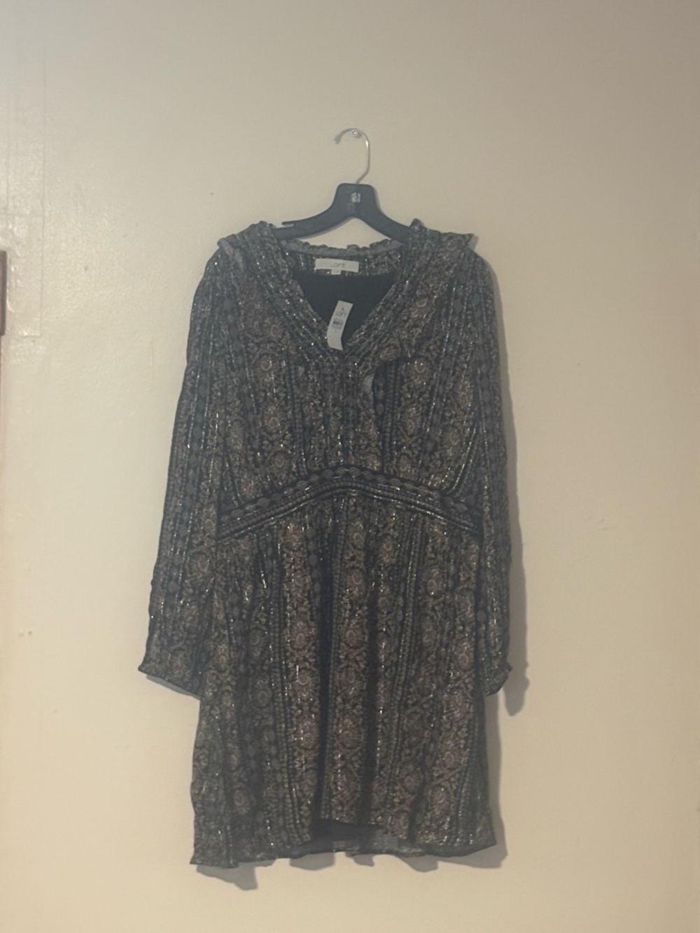 LOFT Intricate Black and Gold Long Sleeve Dress